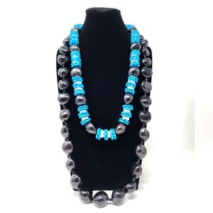 Chunky Black and Blue Beads on Ribbon Necklaces Set of 2